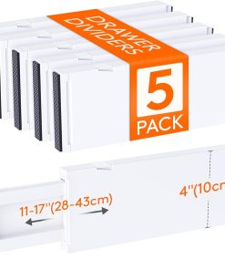 Lifewit 5 Pack 4 High Drawer Dividers 28-43.5cm/11-17 Adjustable Drawer Organizer for Clothes/Utensils. Expandable Drawer Separator in Dresser/Kitchen/Bedroom/Office Organization & Storage White